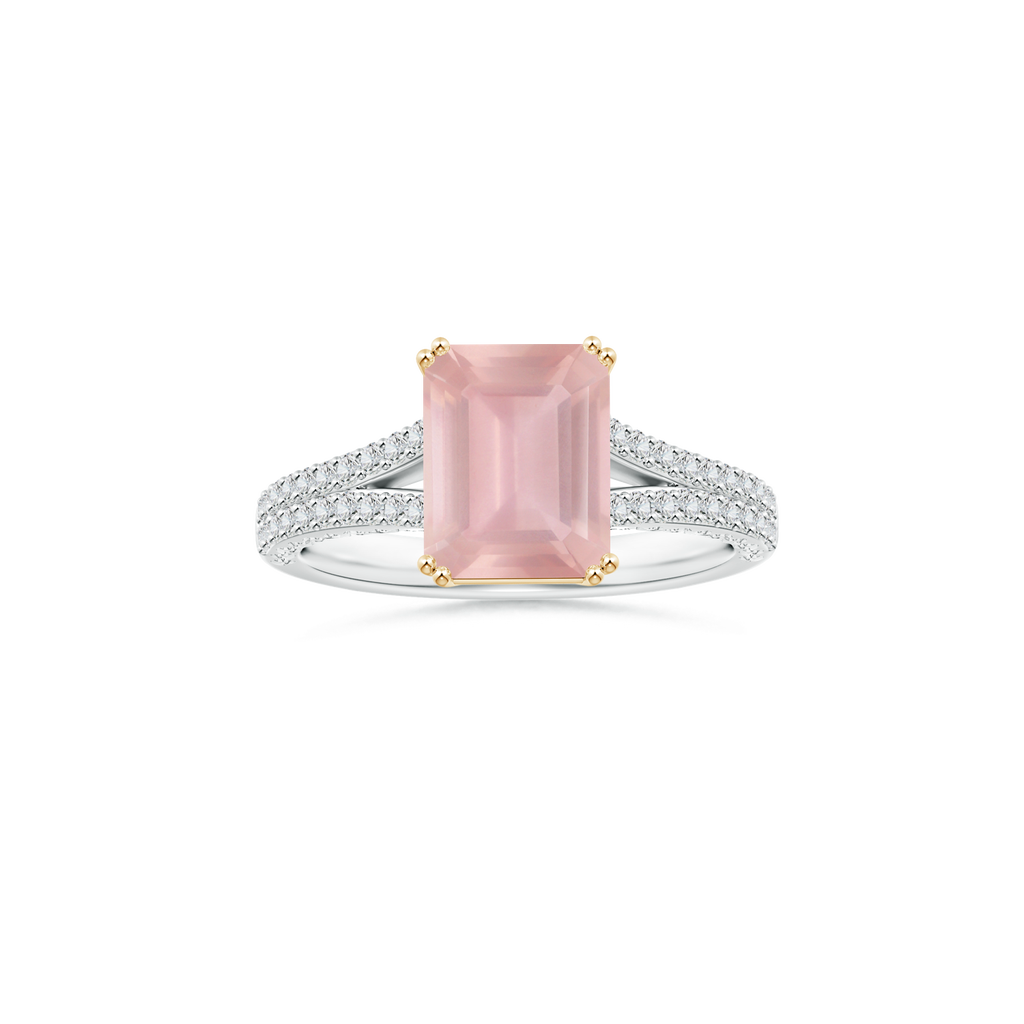 Custom Emerald cut Rose Quartz Double Prong-Set Solitaire Ring with Diamond Studded Shank
