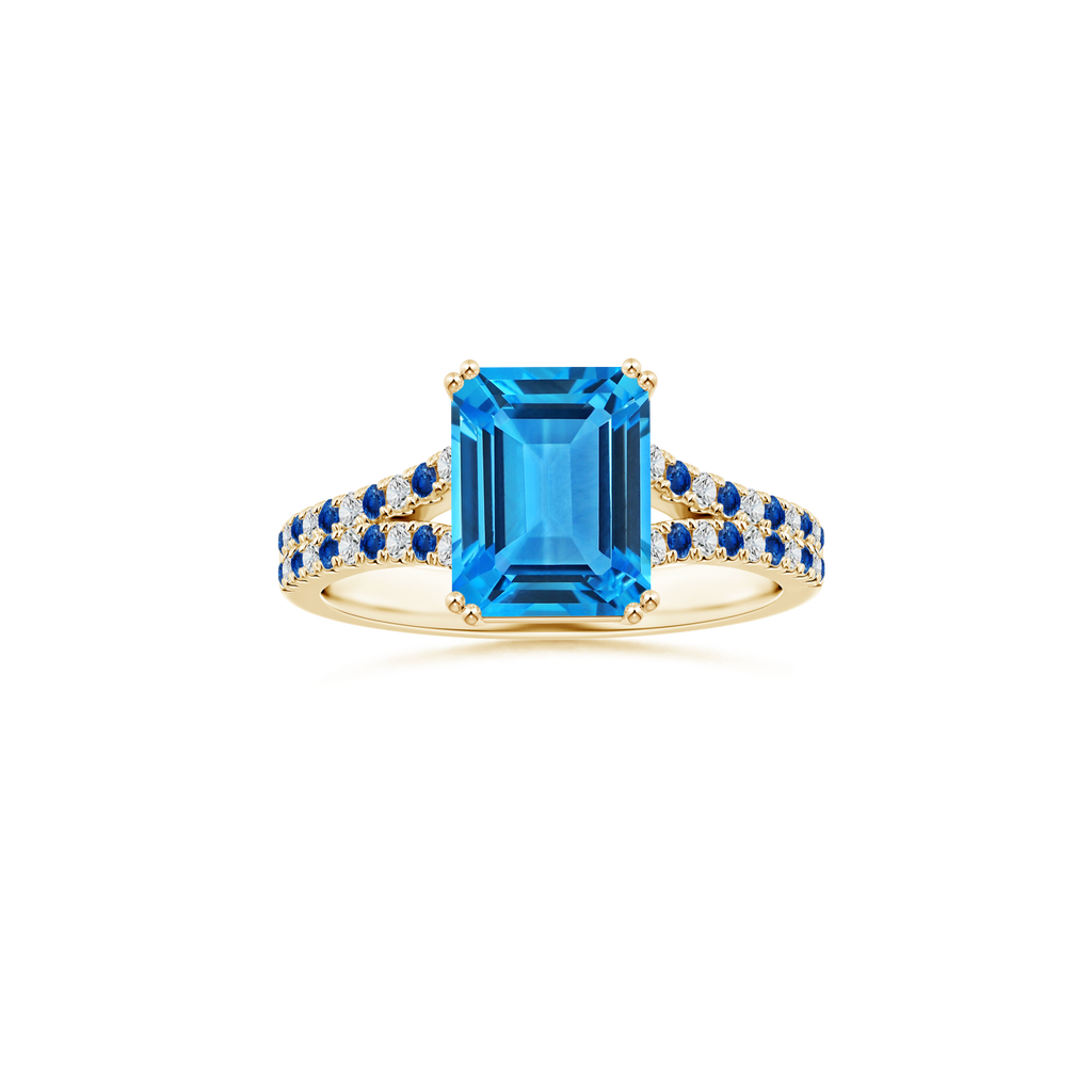 Custom Emerald cut Swiss Blue Topaz Double Prong-Set Solitaire Ring with Diamond and Sapphire Studded Shank