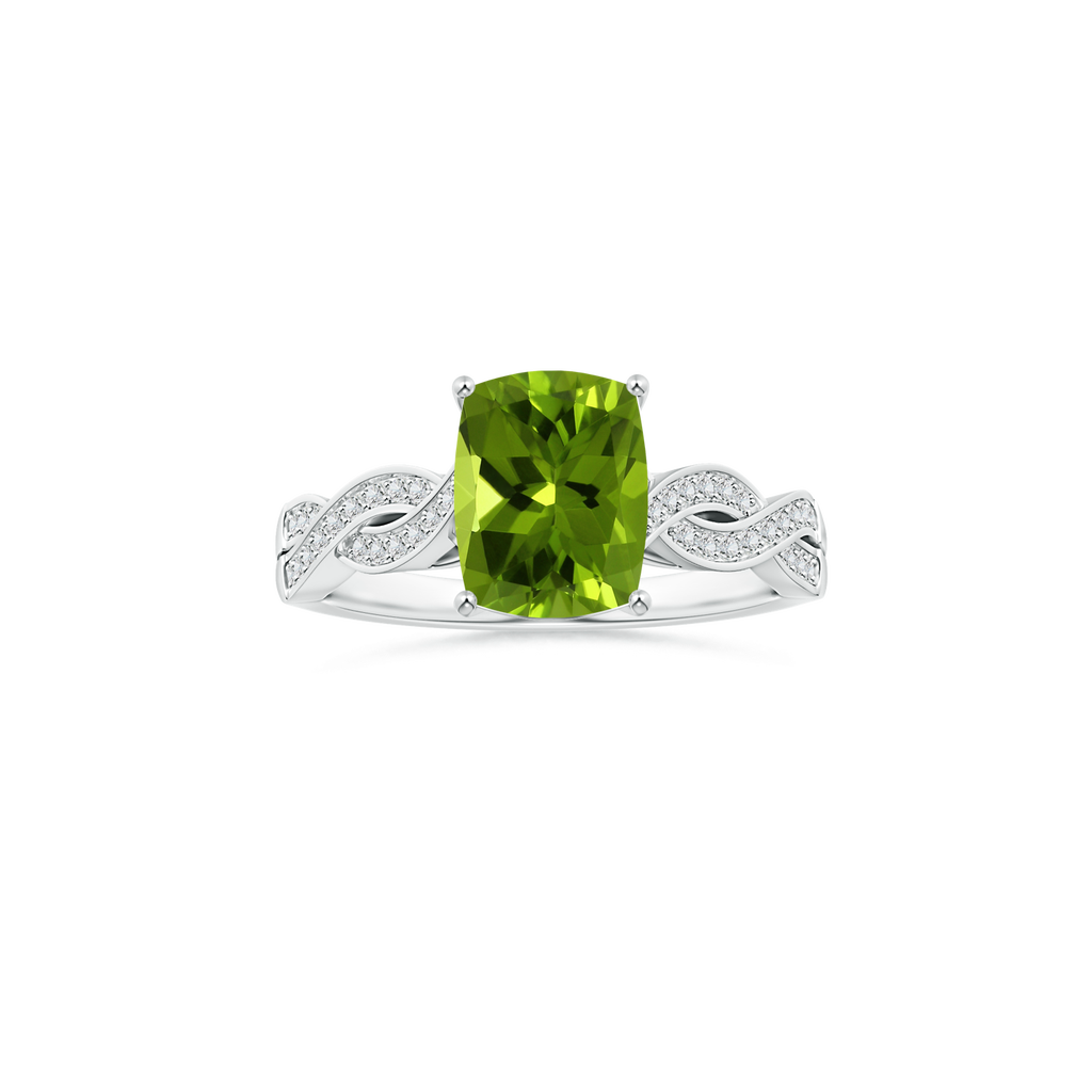 Custom GIA Certified Cushion Rectangular Peridot Prong-Set Solitaire Ring with Diamond Studded Shank