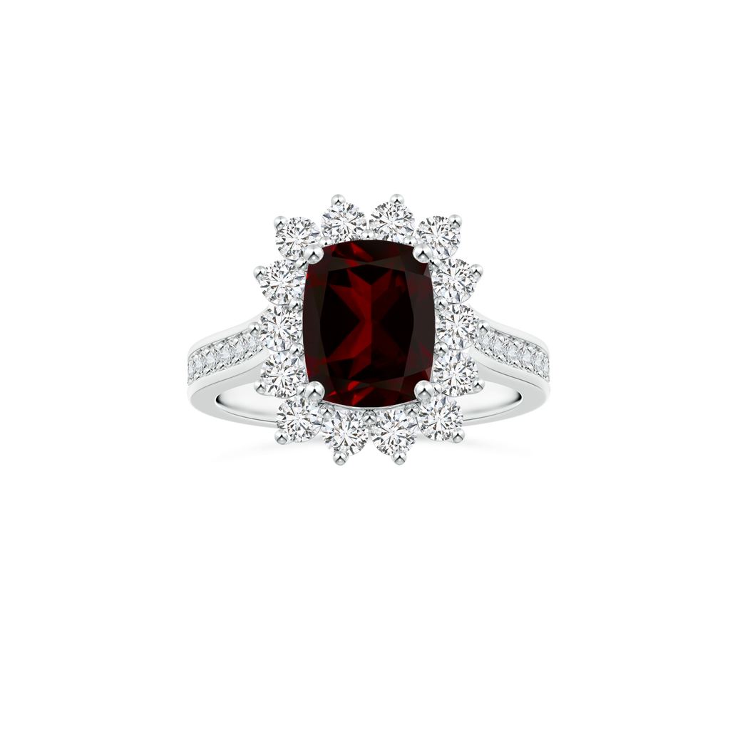 Custom GIA Certified Cushion Rectangular Garnet Diana Halo Ring with Diamond Studded Shank