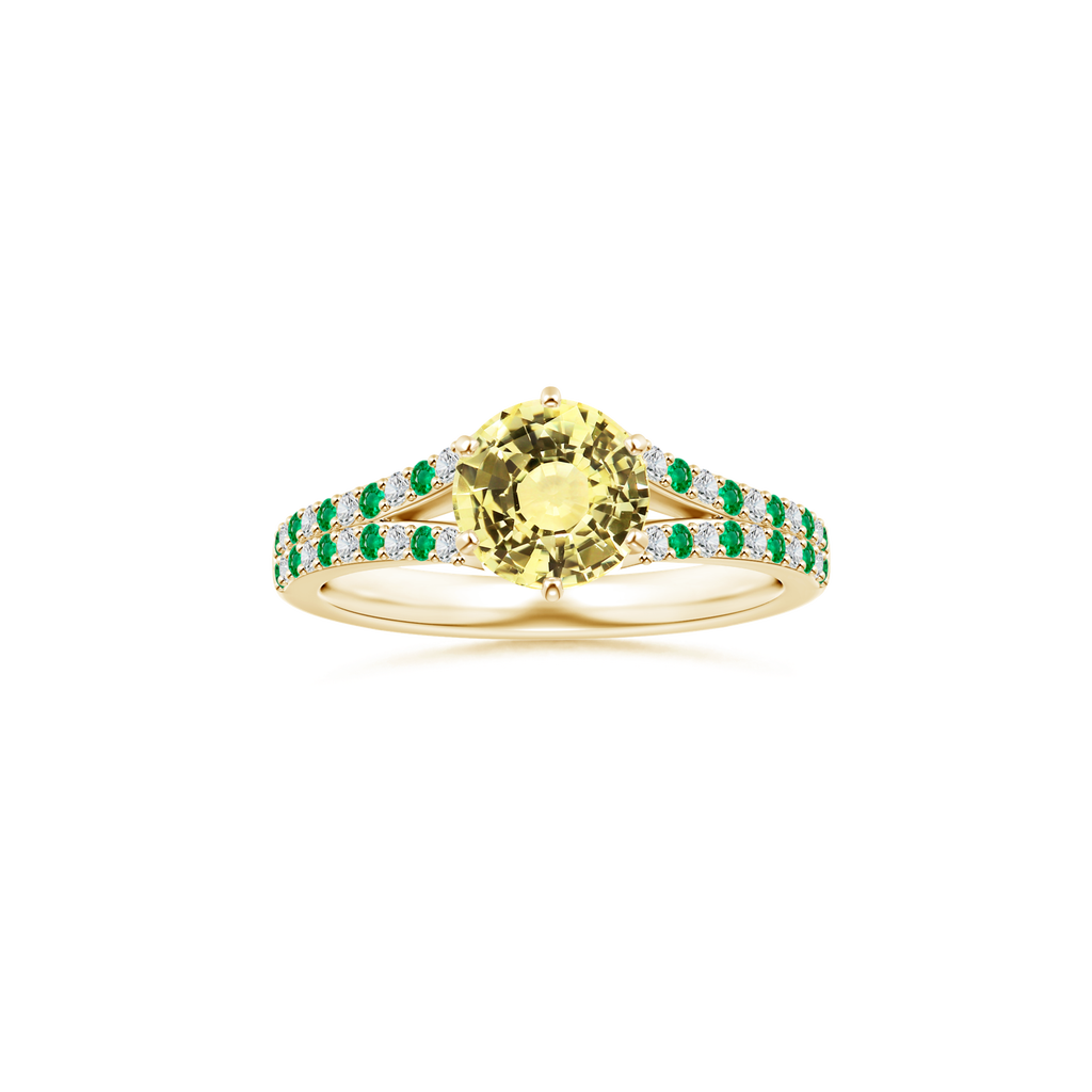 Custom GIA Certified Round Yellow Sapphire Peg-Set Solitaire Ring with Diamond and Emerald Studded Shank