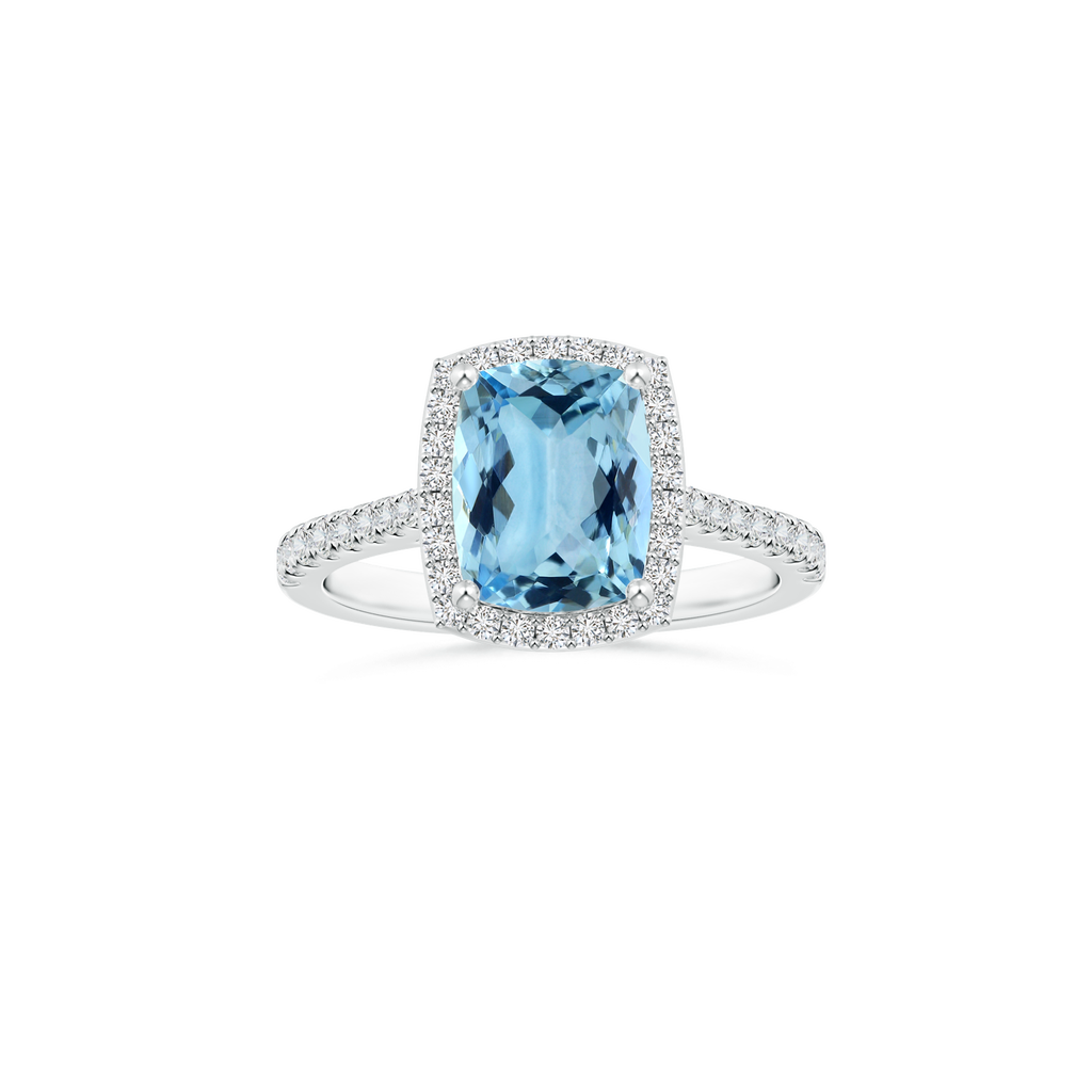 Custom Cushion Rectangular Aquamarine Halo Ring with Diamond Studded Shank