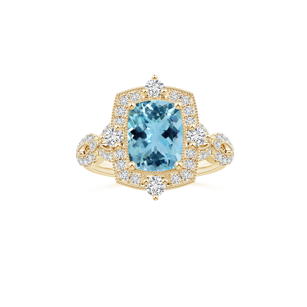 Custom GIA Certified Cushion Rectangular Aquamarine Vintage Inspired Ring with Diamond Studded Shank
