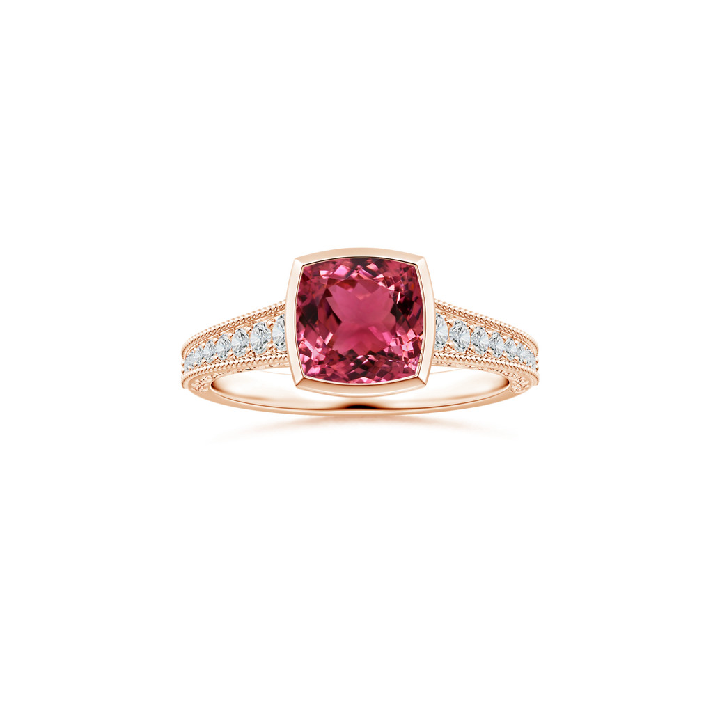 Custom GIA Certified Cushion Pink Tourmaline Bezel Solitaire Ring with Diamond Studded Shank