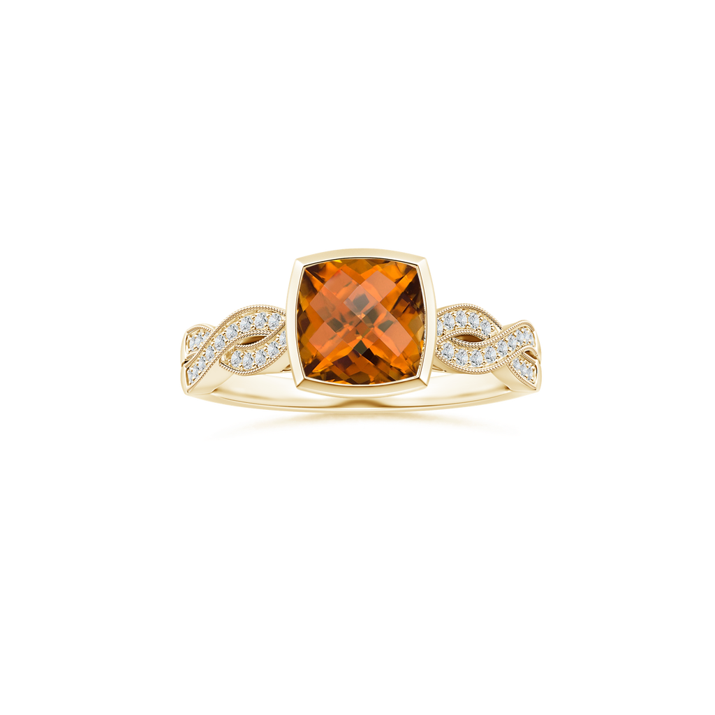 Custom GIA Certified Cushion Orange Zircon Bezel Solitaire Ring with Diamond Studded Shank