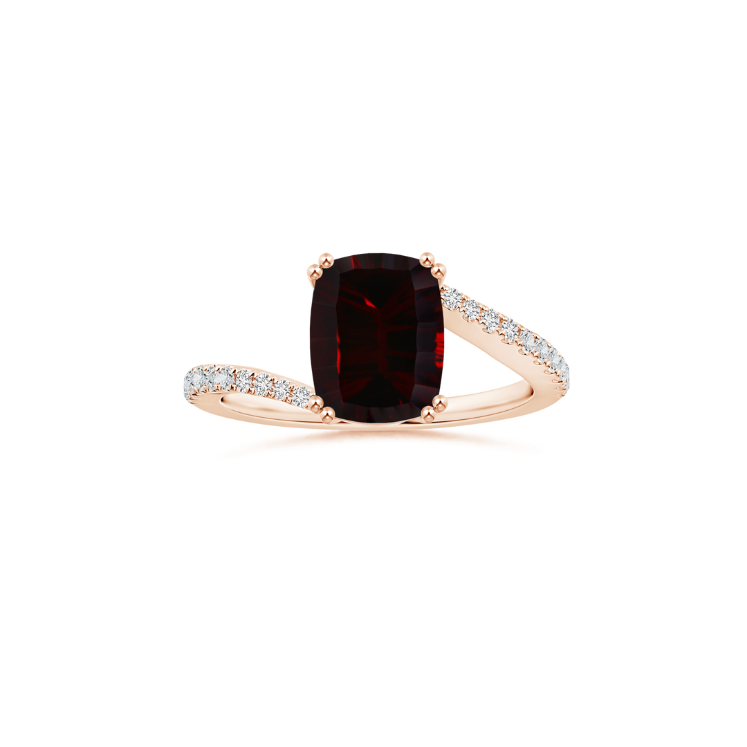 Custom GIA Certified Cushion Rectangular Garnet Double Prong-Set Solitaire Ring with Diamond Studded Shank
