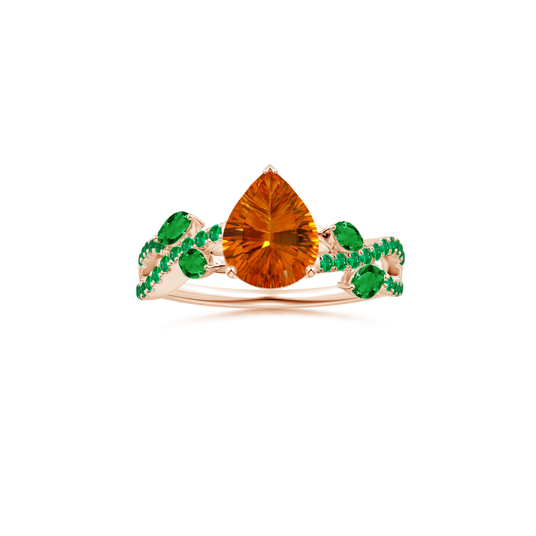 Custom GIA Certified Pear Citrine Prong-Set Solitaire Ring with Emerald Studded Shank