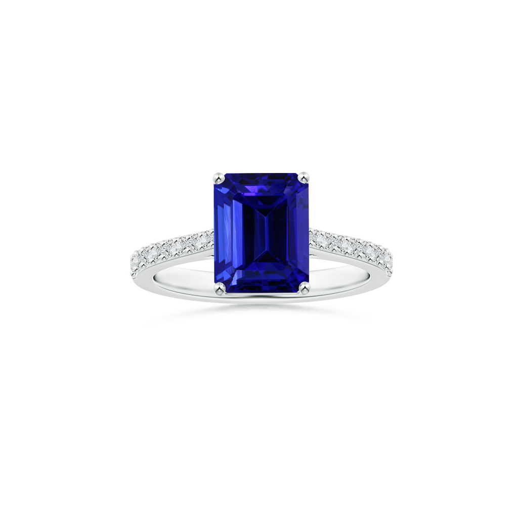 Custom GIA Certified Emerald cut Tanzanite Prong-Set Solitaire Ring with Diamond Studded Shank