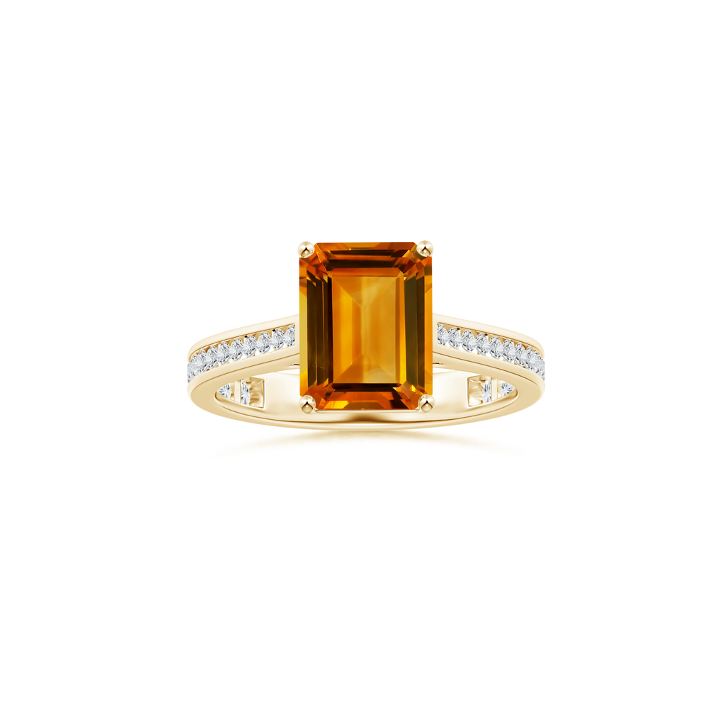 Custom GIA Certified Emerald cut Citrine Prong-Set Solitaire Ring with Diamond Studded Shank