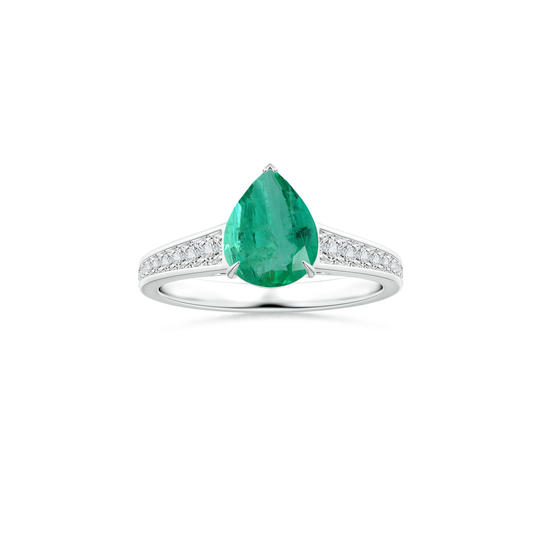 Custom GIA Certified Pear Emerald Claw-Set Solitaire Ring with Diamond Studded Shank