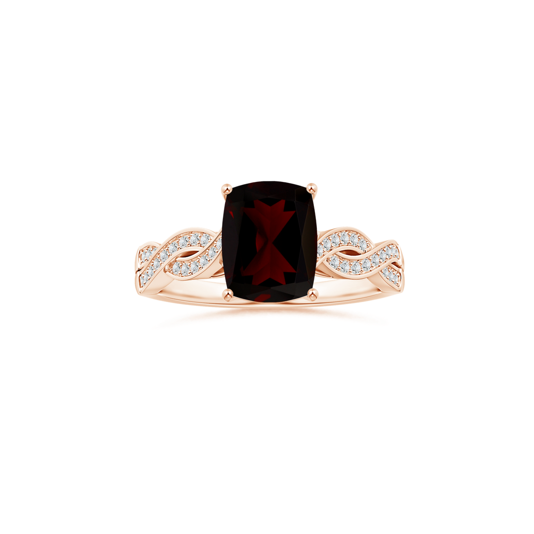 Custom GIA Certified Cushion Rectangular Garnet Prong-Set Solitaire Ring with Diamond Studded Shank