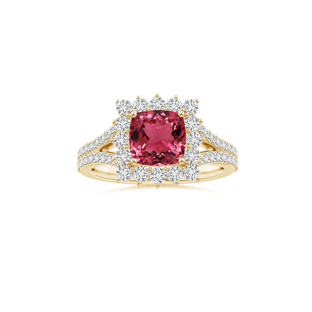 Custom GIA Certified Cushion Pink Tourmaline Diana Halo Ring with Diamond Studded Shank