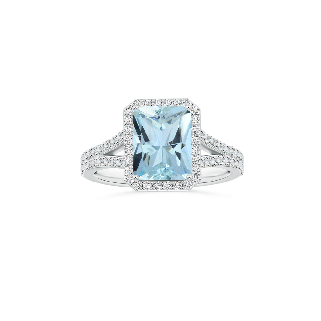 Custom Emerald cut Aquamarine Halo Ring with Diamond Studded Shank