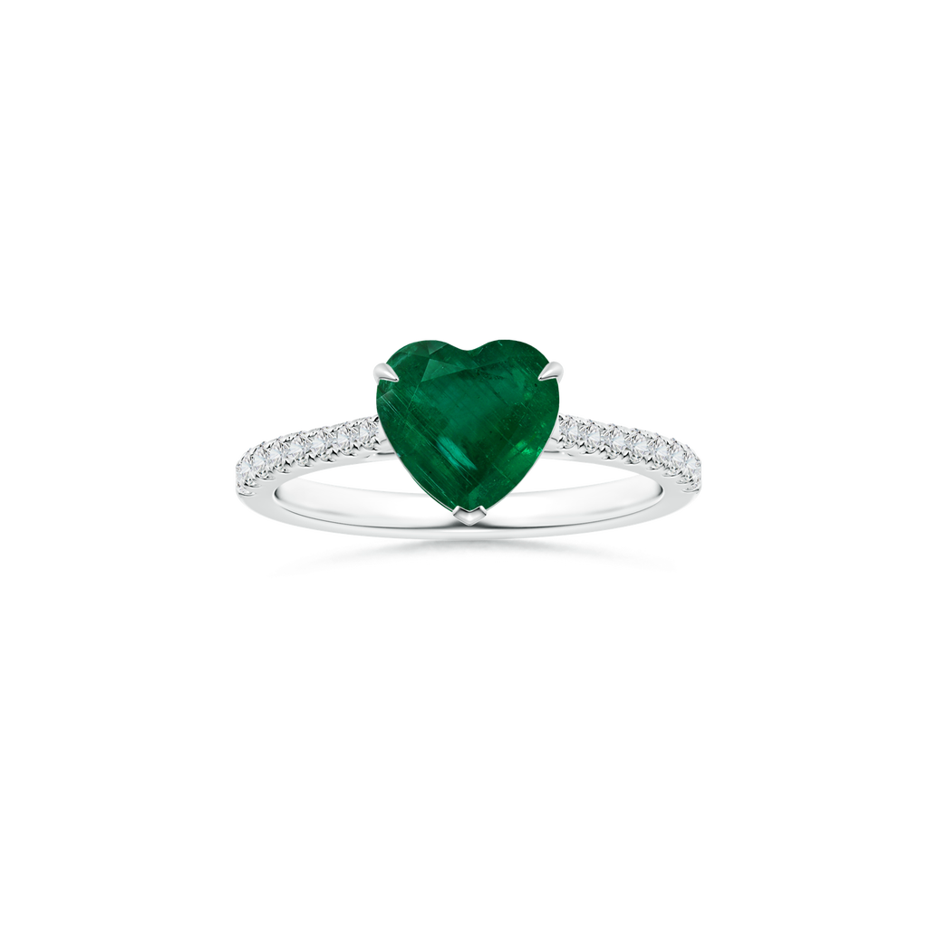 Custom Heart Emerald Claw-Set Solitaire Ring with Diamond Studded Shank