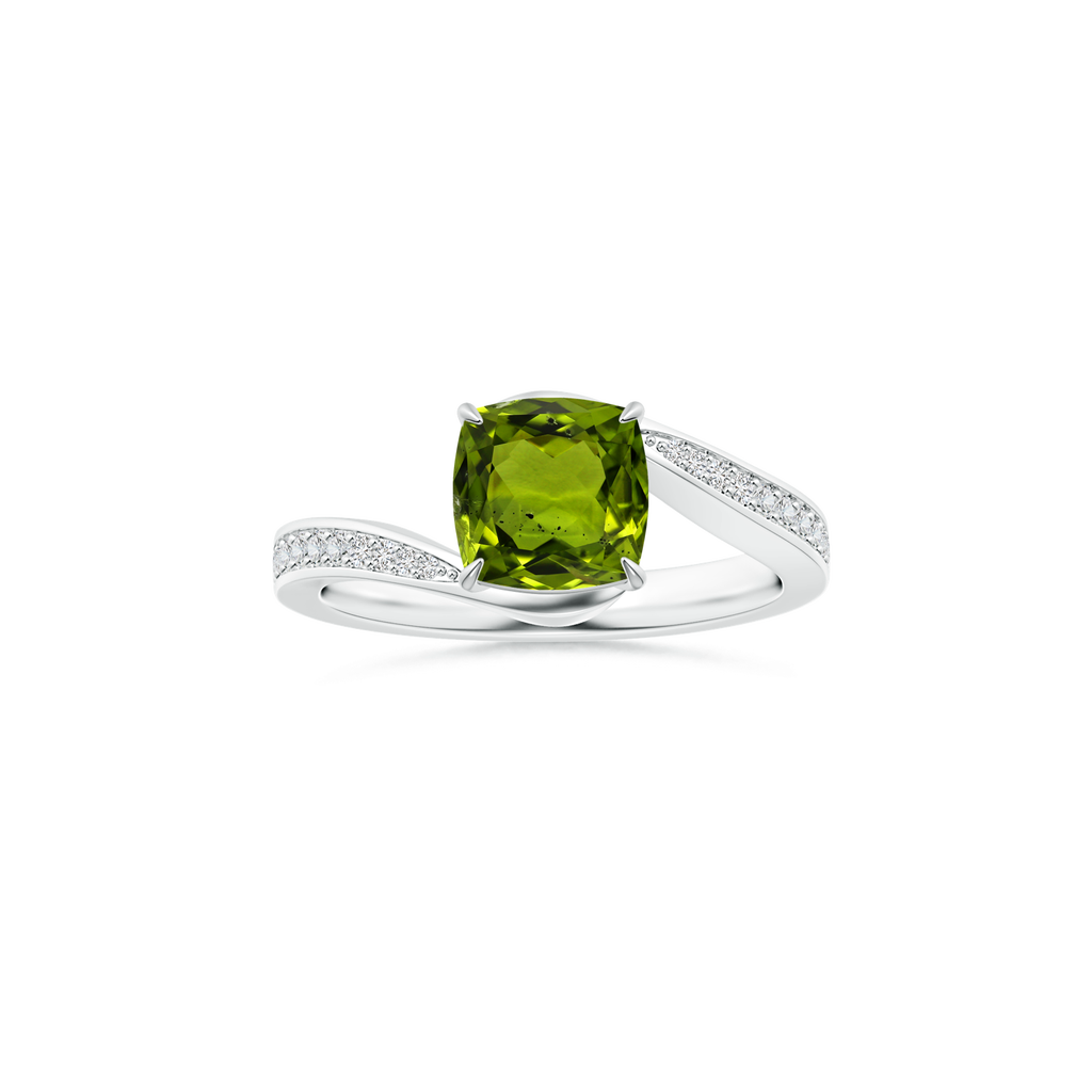 Custom Cushion Peridot Claw-Set Solitaire Ring with Diamond Studded Shank