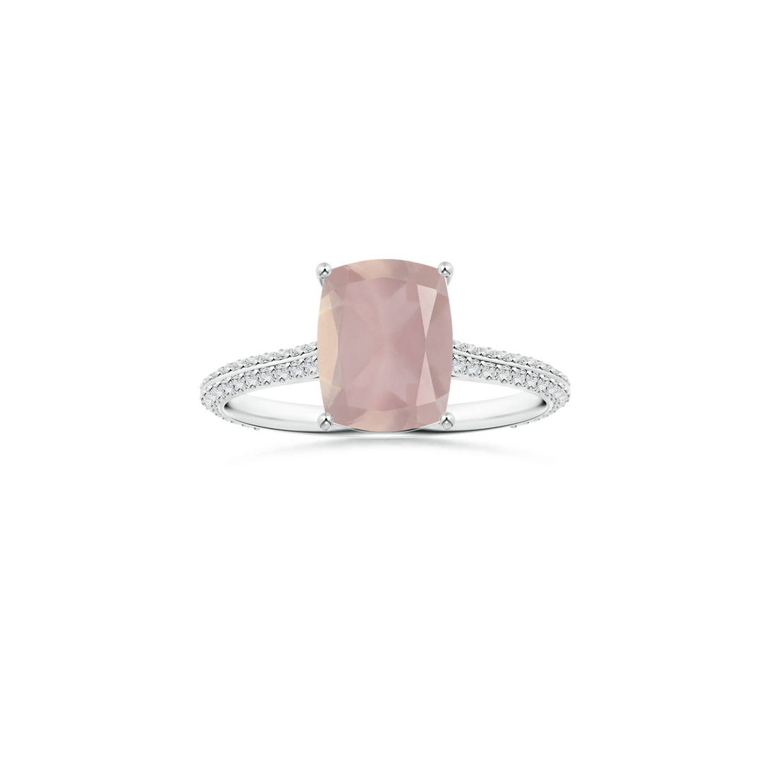 Custom GIA Certified Cushion Rectangular Rose Quartz Prong-Set Solitaire Ring with Diamond Studded Shank