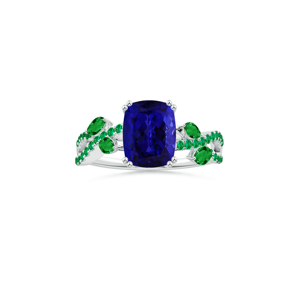 Custom GIA Certified Cushion Rectangular Tanzanite Double Prong-Set Solitaire Ring with Emerald Studded Shank