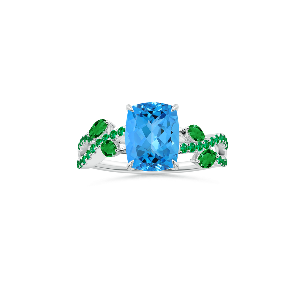 Custom GIA Certified Cushion Rectangular Swiss blue topaz Claw-Set Solitaire Ring with Emerald Studded Shank