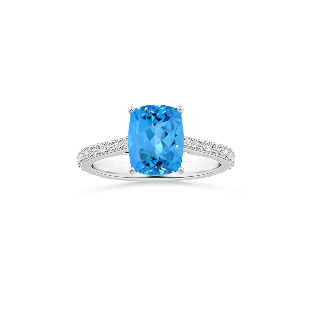 Custom GIA Certified Cushion Rectangular Swiss blue topaz Prong-Set Solitaire Ring with Diamond Studded Shank