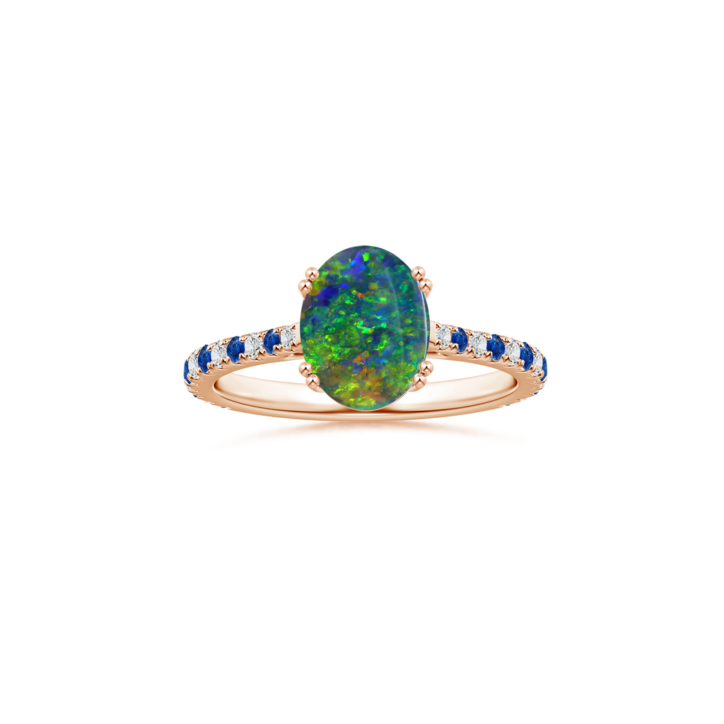 Custom GIA Certified Oval Black Opal Double Prong-Set Solitaire Ring with Diamond and Sapphire Studded Shank