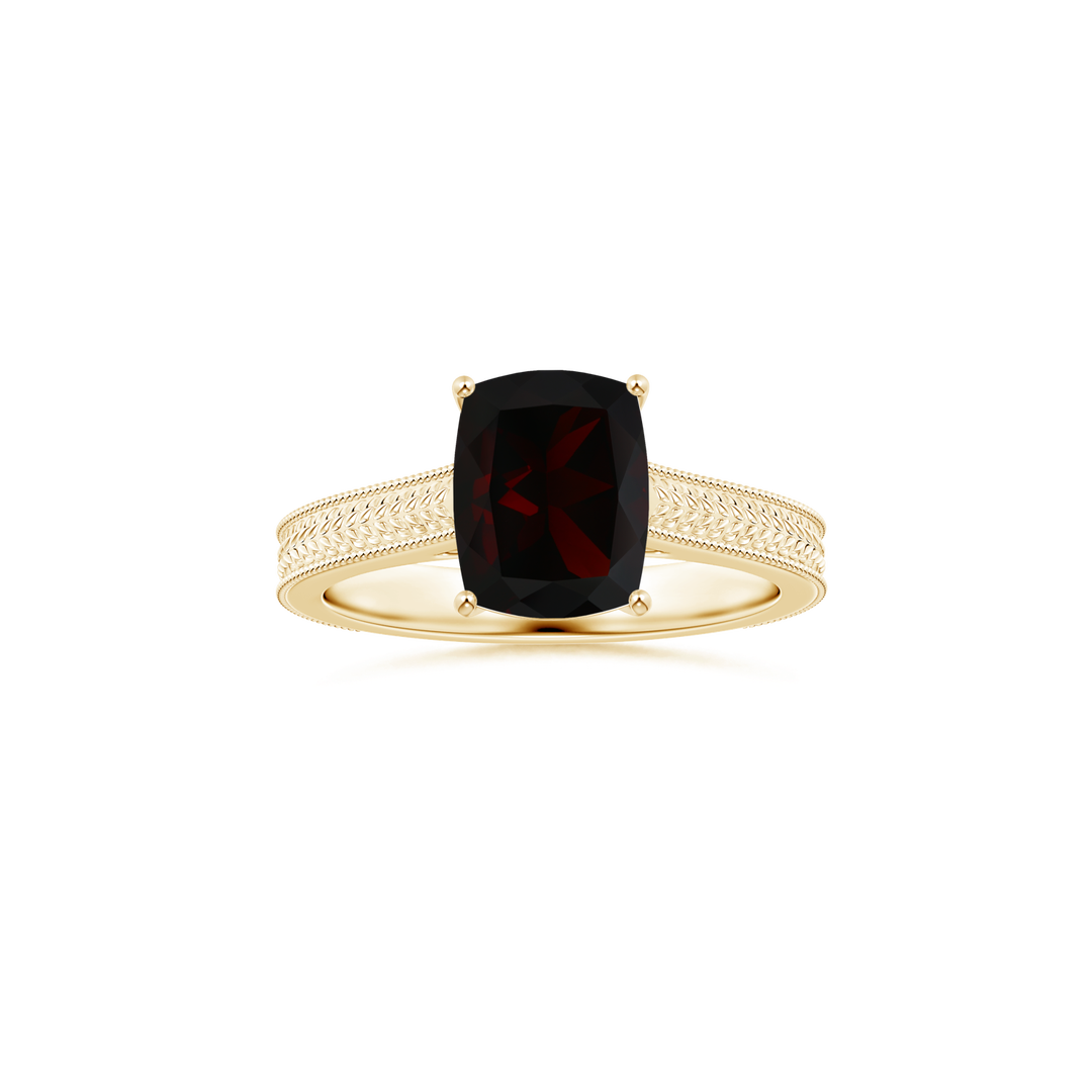 Custom GIA Certified Cushion Rectangular Garnet Prong-Set Solitaire Ring with Leaf Details