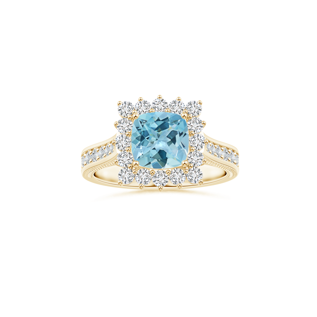 Custom GIA Certified Cushion Sky Blue Topaz Diana Halo Ring with Diamond Studded Shank