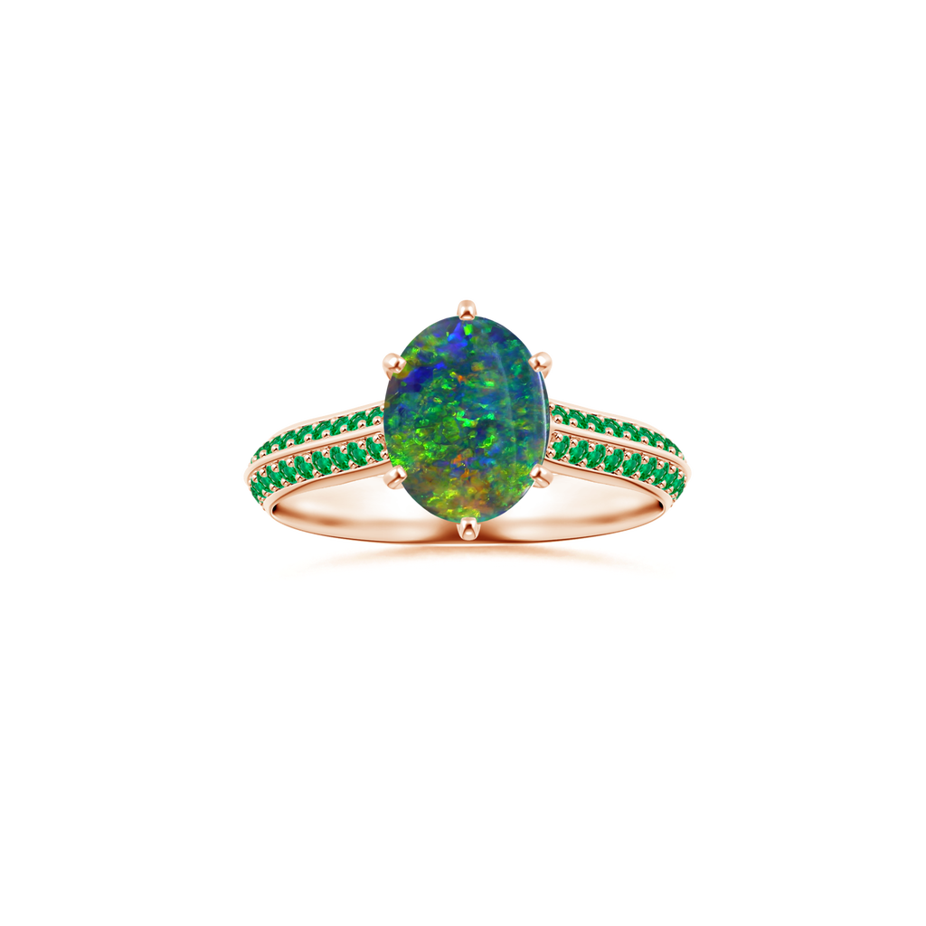 Custom GIA Certified Oval Black Opal Peg-Set Solitaire Ring with Emerald Studded Shank