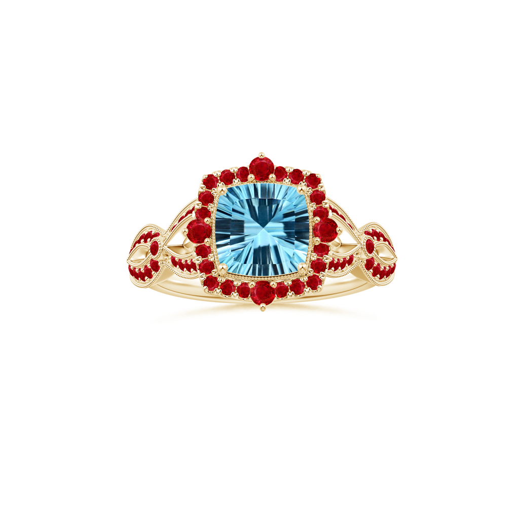 Custom GIA Certified Cushion Sky Blue Topaz Vintage Inspired Ring with Ruby Studded Shank