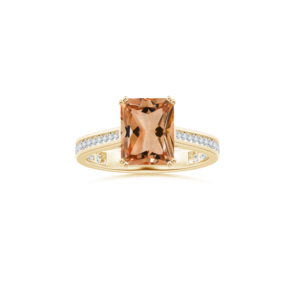 Custom GIA Certified Emerald cut Morganite Double Prong-Set Solitaire Ring with Diamond Studded Shank