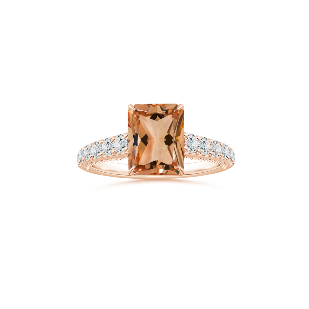 Custom GIA Certified Emerald cut Morganite Claw-Set Solitaire Ring with Diamond Studded Shank